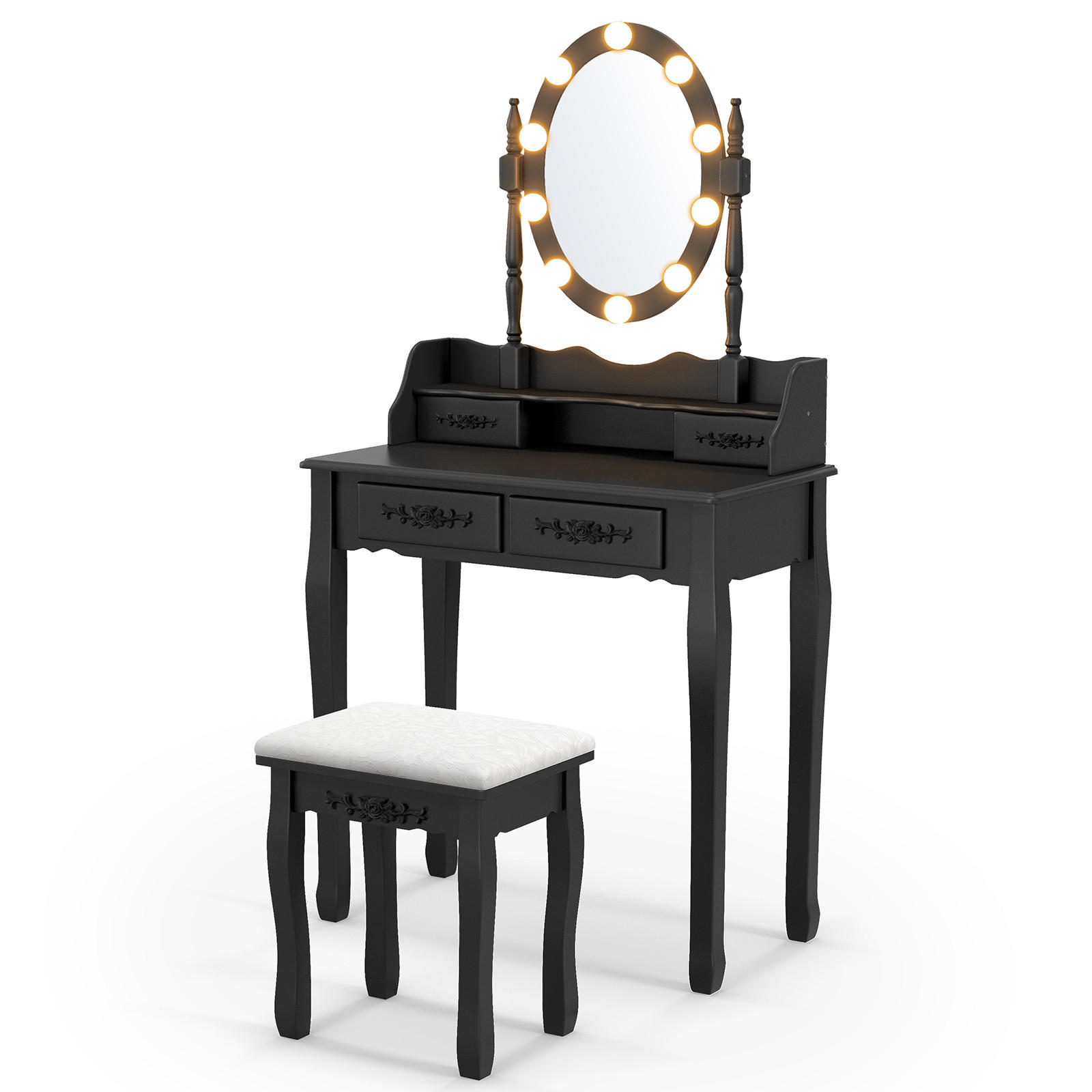 SCHMINKTISCH set mit 10 LED-Leuchten Schwarz - Schwarz, Holz (40/145/75cm) - COSTWAY
