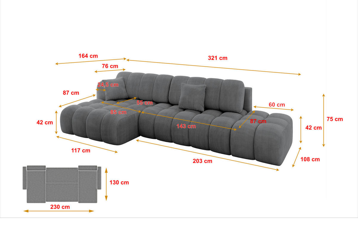 ECKSOFA mit Schlaffunktion Ottomane Links OLEA-L2 321x164x75 Dunkelgrau Cord - Taupe/Schwarz, Holzwerkstoff/Kunststoff (321/164cm) - ALTDECOR