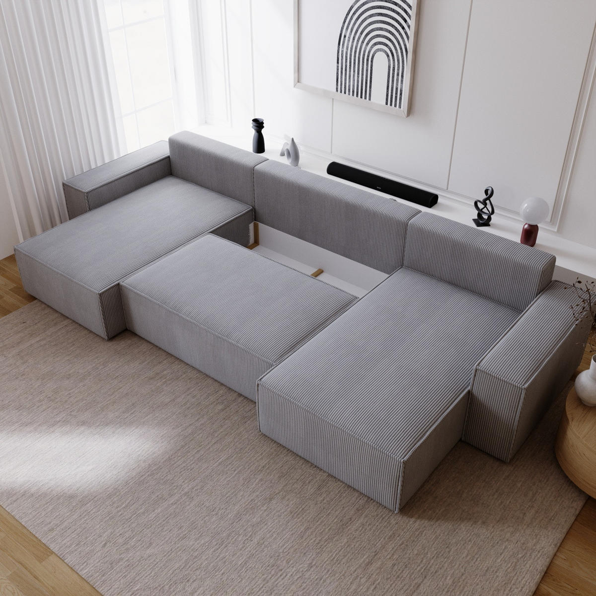 ECKSOFA U 380 cm Bergamo mit Schlaffunktion, Cordstoff, Grau - Grau, Holz (377/189cm) - Emporius