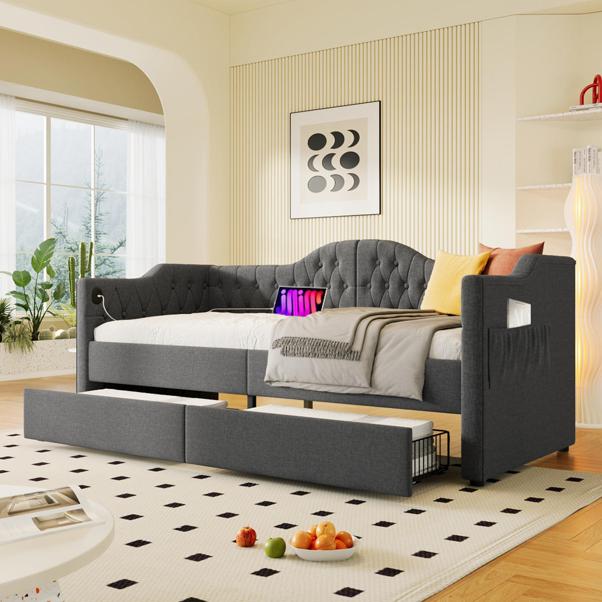 POLSTERBETT 90/190 cm in Grau Leinen mit 2 Schubladen, USB und Type-C - Dunkelgrau, Holzwerkstoff/Textil (90/190cm) - WISHDOR