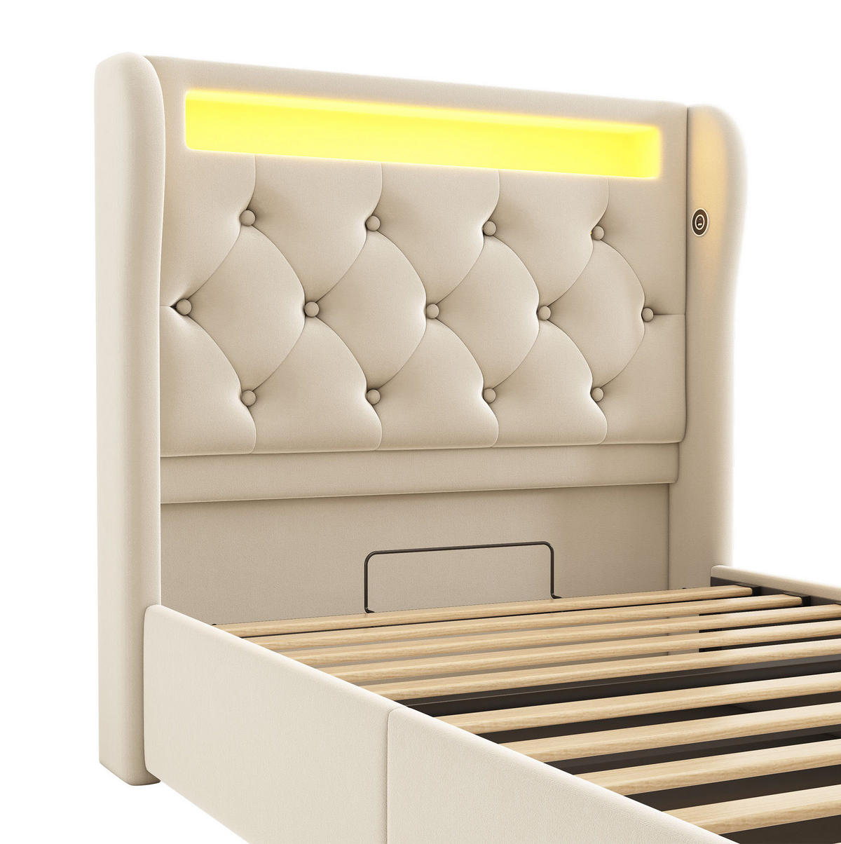 POLSTERBETT 90/200 cm Beige aus Samt mit LED und Stauraum - Beige, Textil (90/200cm) - OKMYHOME