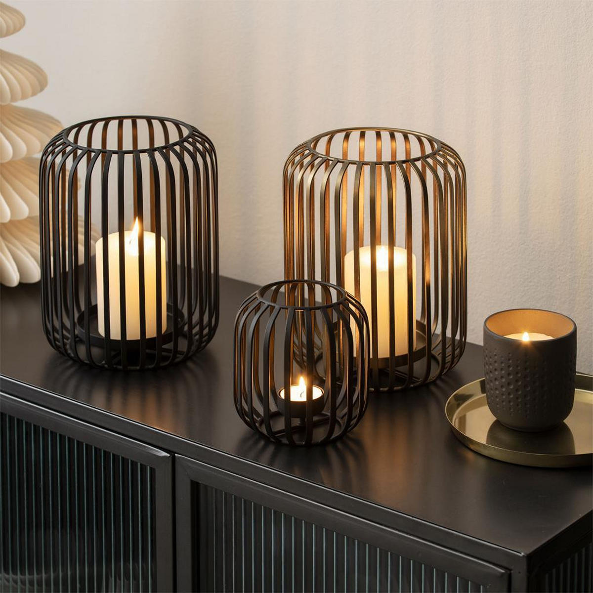 WINDLICHTER-SET Christmas Chic schwarz-gold 12,5 / 22,5 / 22,5 cm 3-tlg. - Goldfarben/Schwarz, Metall (2/2/2cm) - Villeroy & Boch