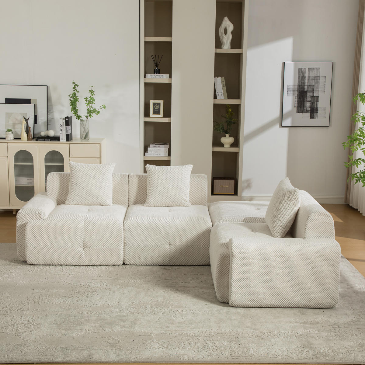ECKSOFA Chenille Beige mit Kissen - Beige, Textil (266/176cm) - WISHDOR