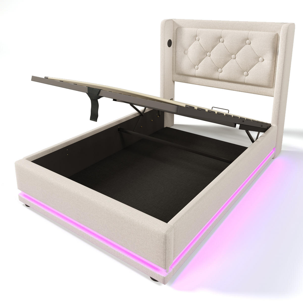 BETT mit Stauraum, LED & USB 90x200 cm Beige Baumwolle - Beige, Metall (90/200cm) - Meubliv