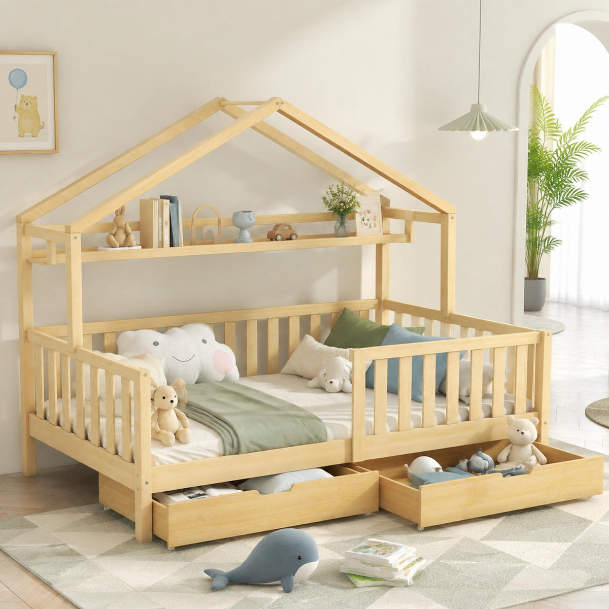 KINDERBETT 90/200 mit Schubladen, Lattenrost und Ablagefläche in Natur - Naturfarben, Holzwerkstoff (90/200cm) - EVRYAE