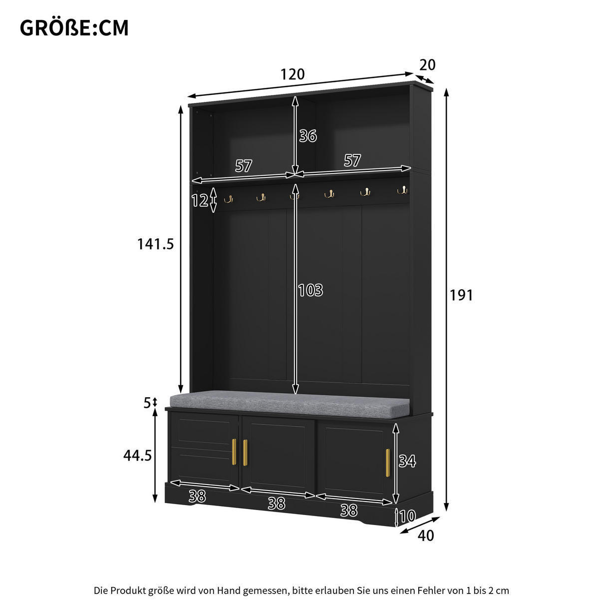 GARDEROBE mit Schuhbank 120 x 40 x 191 cm Schwarz - Schwarz, Holzwerkstoff (40/191/120cm) - Beauniv