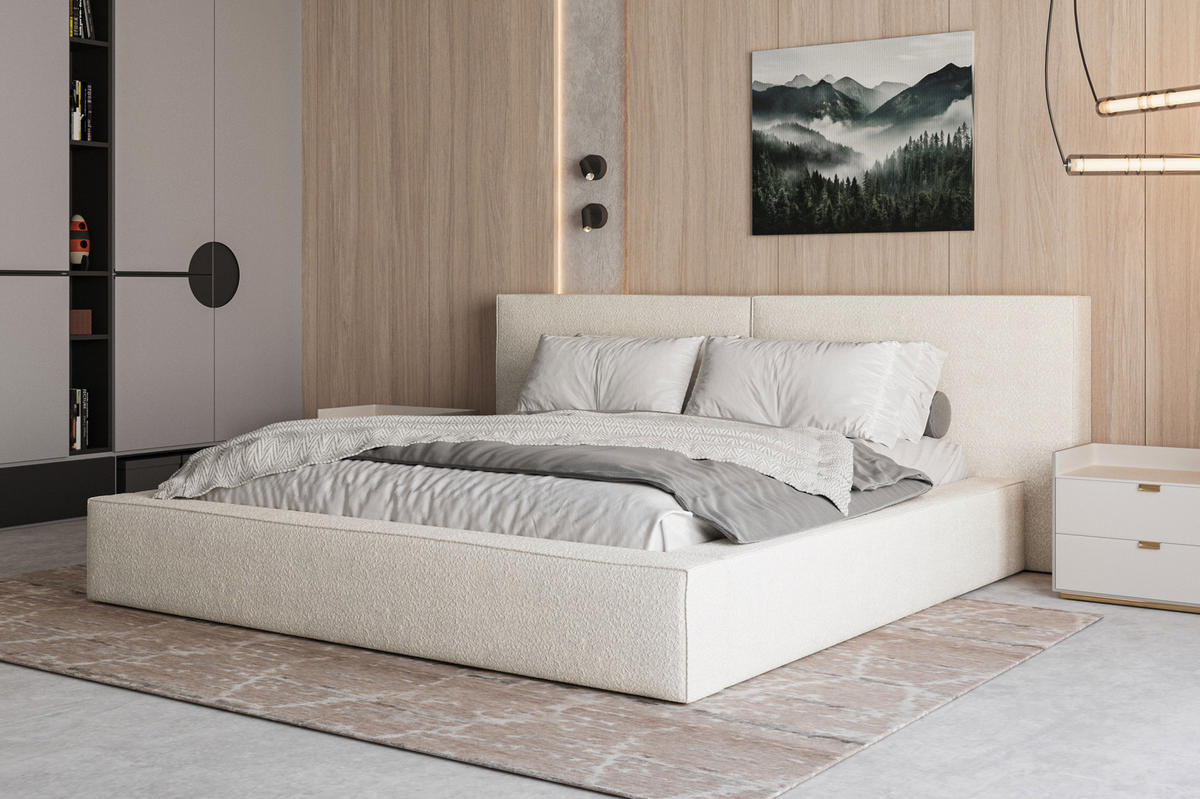 POLSTERBETT 06 Bouclé 140 x 200 cm – Arena - mit Bettkasten und Metall-Lattenrost - Creme, Metall (206/234cm) - ROYAL24_MARKT