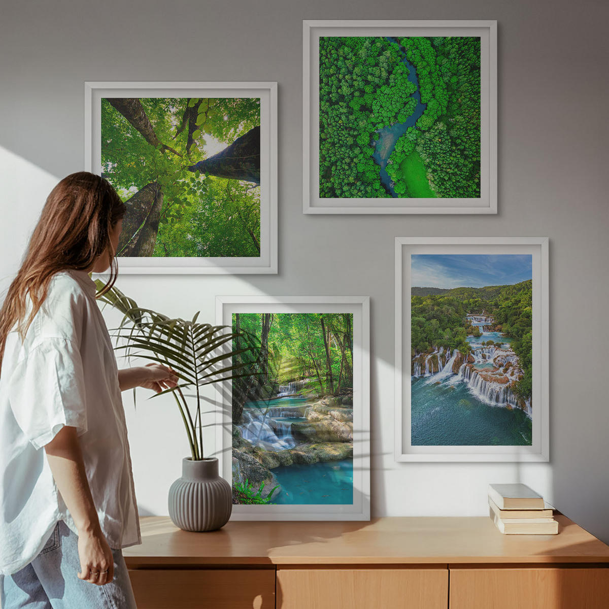 BILDER SET 4er Set - 50x50 cm & 40x60 cm Weißer Rahmen - Wasserfälle grüner Wald Wasser - Weiß, Kunststoff (50/50cm) - TULUP