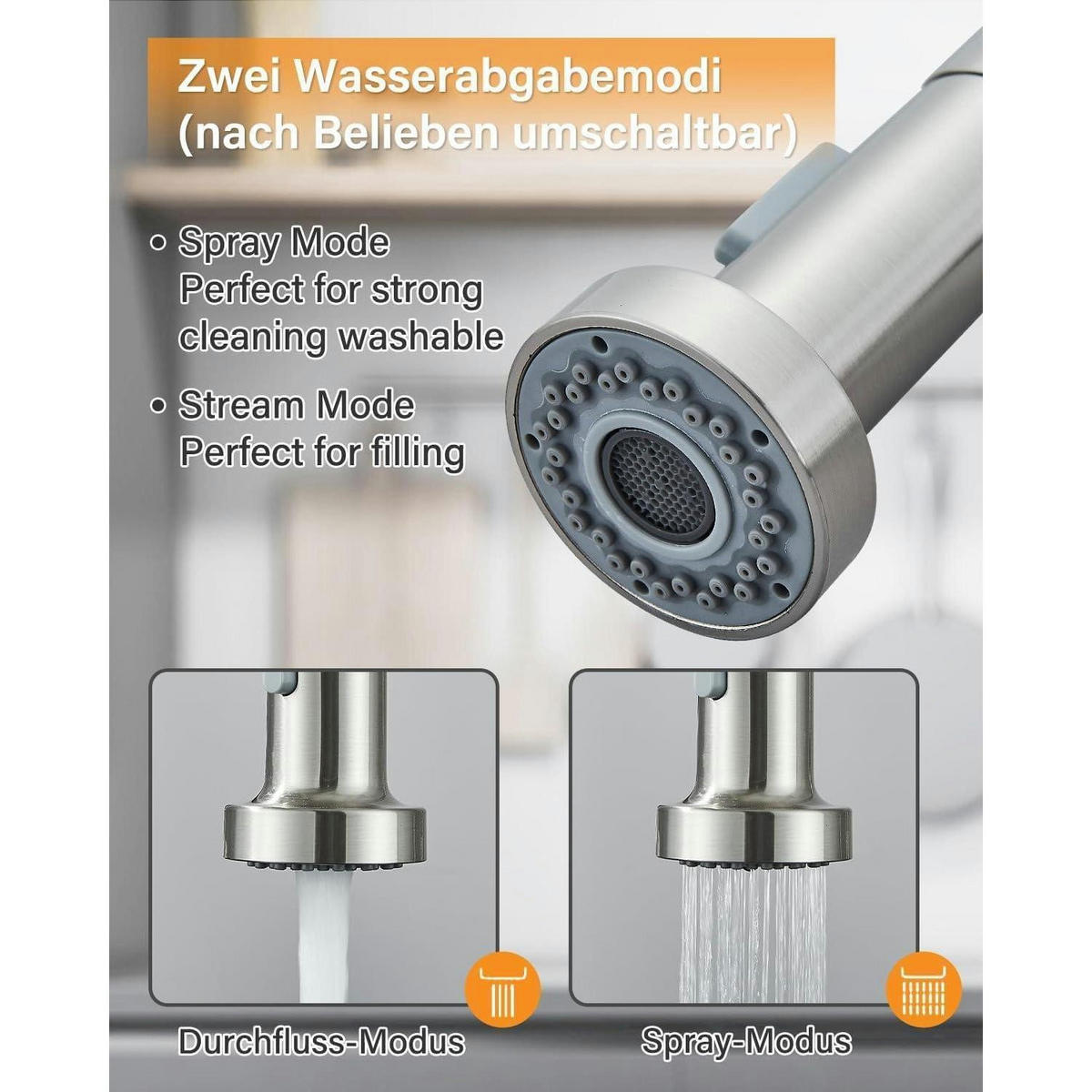 KÜCHENARMATUR mit ausziehbarem Schlauch, gebürstetes Nickel - Silberfarben, Metall (6/44/27cm)