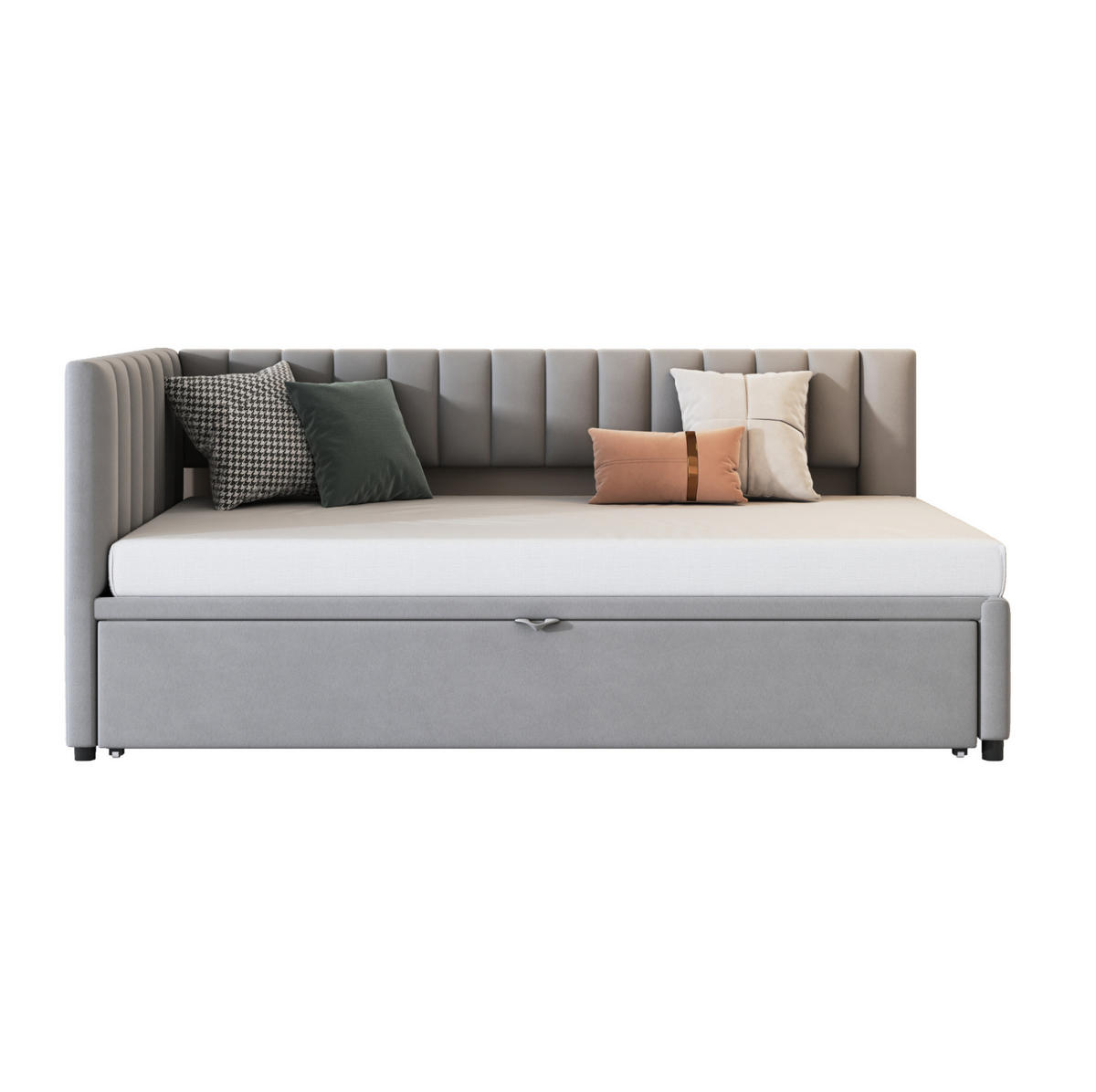 SAMT-POLSTERBETT 90/200 cm mit Ausziehbett und gepolstertem Kopfteil, Grau - Grau, Textil (90/180cm) - BEAOK