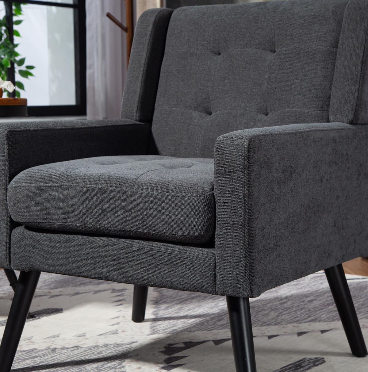 KRESLO s čalúnením v tmavosivej farbe, prešívané, s nohami z masívneho dreva,76/68/88 cm - tmavosivá, textil (76/88/68cm) - BEAOK