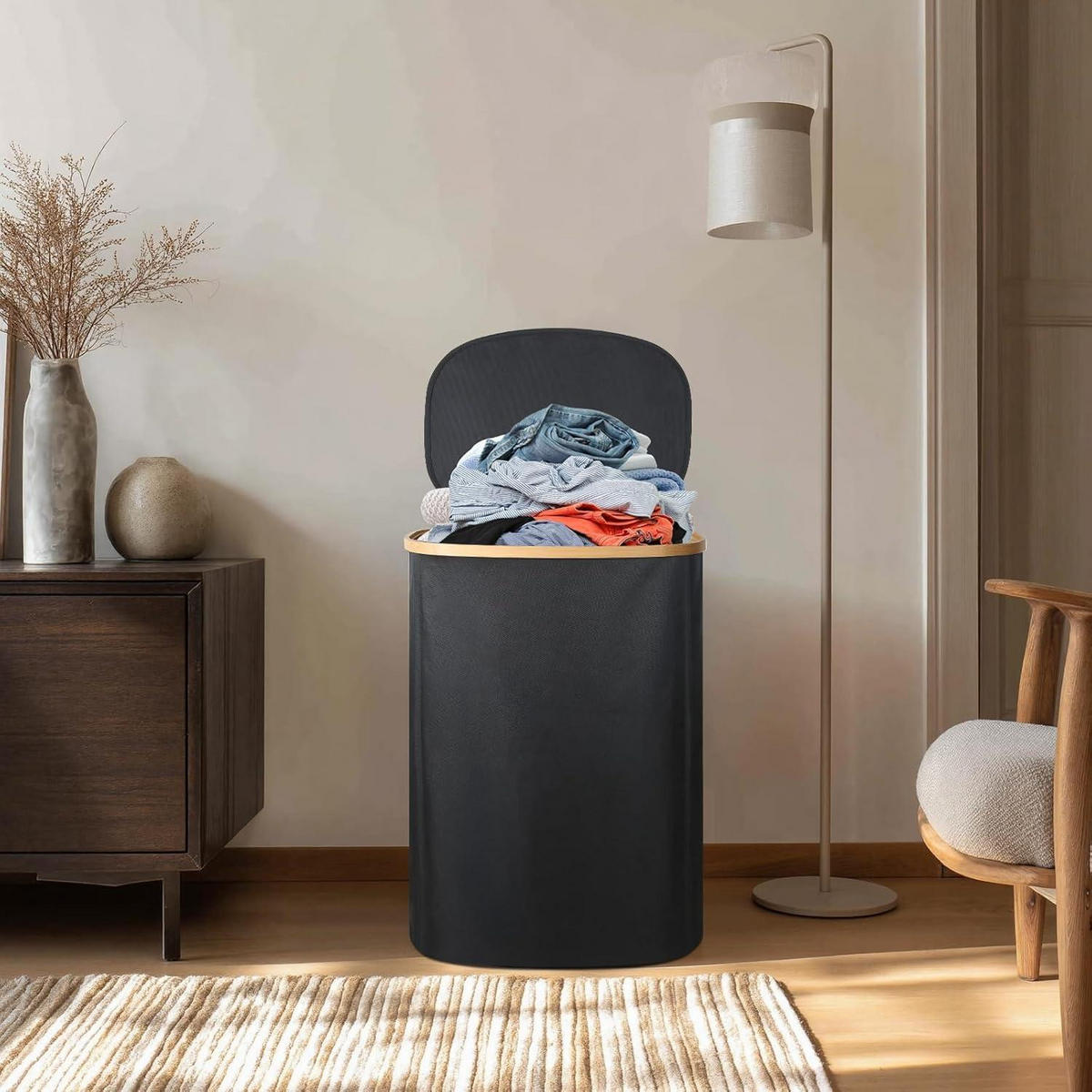 WÄSCHEKORB 80L Bambus mit Deckel Tiefschwarz - Schwarz, Naturmaterialien (33/56/44cm)