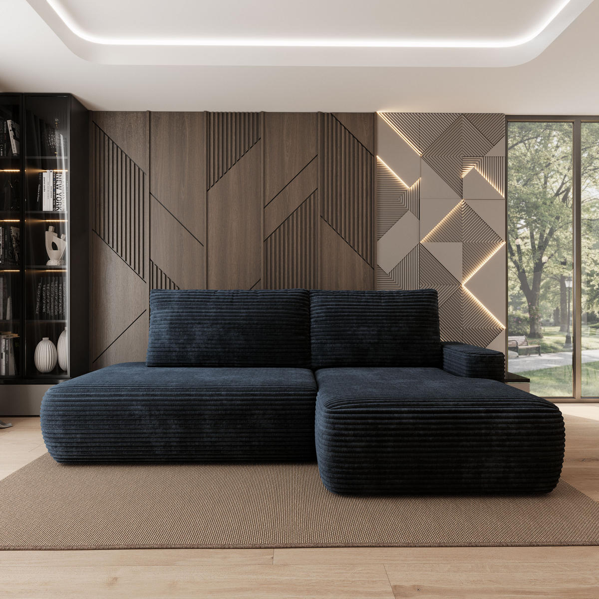 ECKSOFA AVINI T R-S Schwarz Kordstoff mit Schlaffunktion - Schwarz, Holzwerkstoff/Textil (277/160cm) - MASSENO