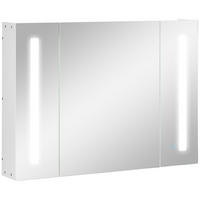 BADEZIMMER-SPIEGELSCHRANK mit 3 Schränken, 3 Ablagen und LED-Beleuchtung, 90 x 15 x 65 cm ,Weiß - Weiß, Glas (90/65/15cm) - Vallsero