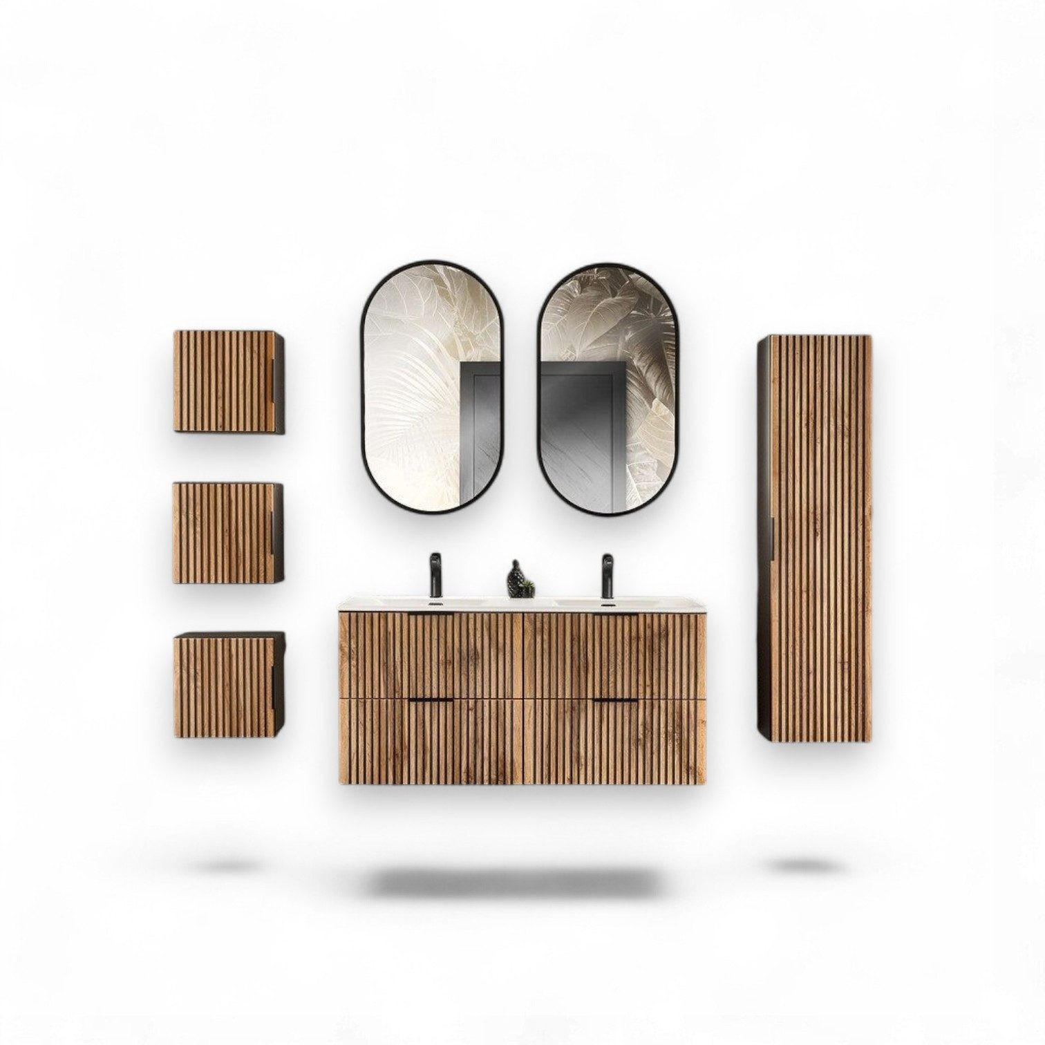 BADMÖBEL-SET Xilo X - 11 Teile in Wotan Oak/Grau Rock - Eiche Wotan/Schwarz, Holz/Metall (120/140/46cm)