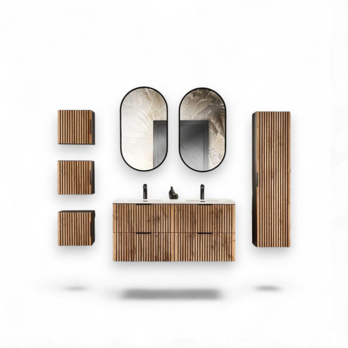 BADMÖBEL-SET Xilo X - 11 Teile in Wotan Oak/Grau Rock - Eiche Wotan/Schwarz, Holz/Metall (120/140/46cm)