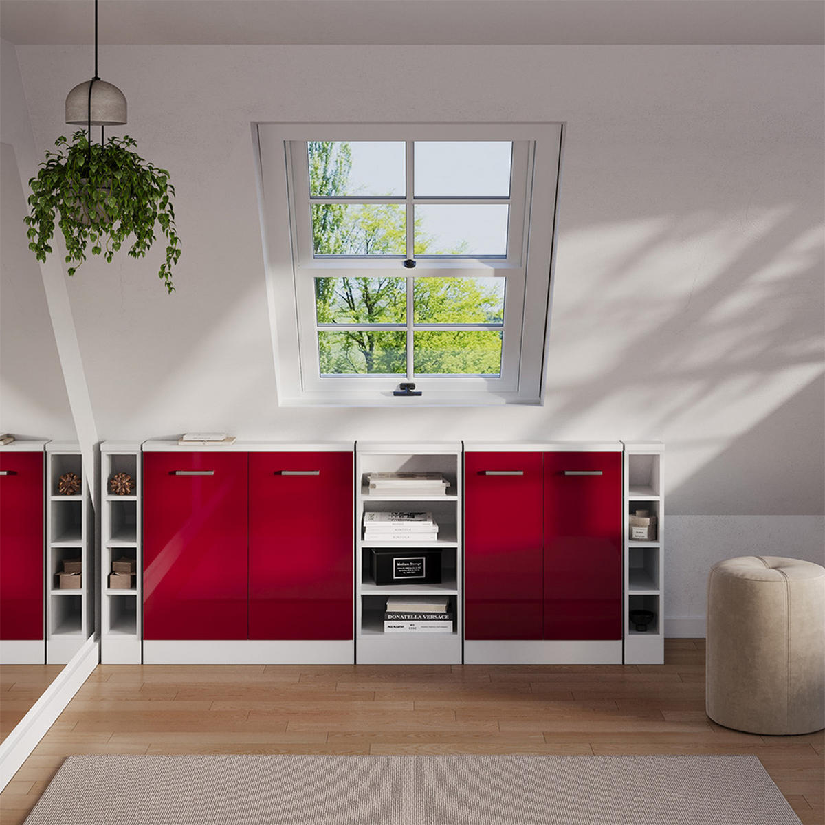 DACHSCHRÄGENSCHRANK-SET Rion Bordeaux Hochglanz/Weiß 5er Set - Bordeaux/Weiß, Holzwerkstoff (215/81.6/46cm) - Vicco