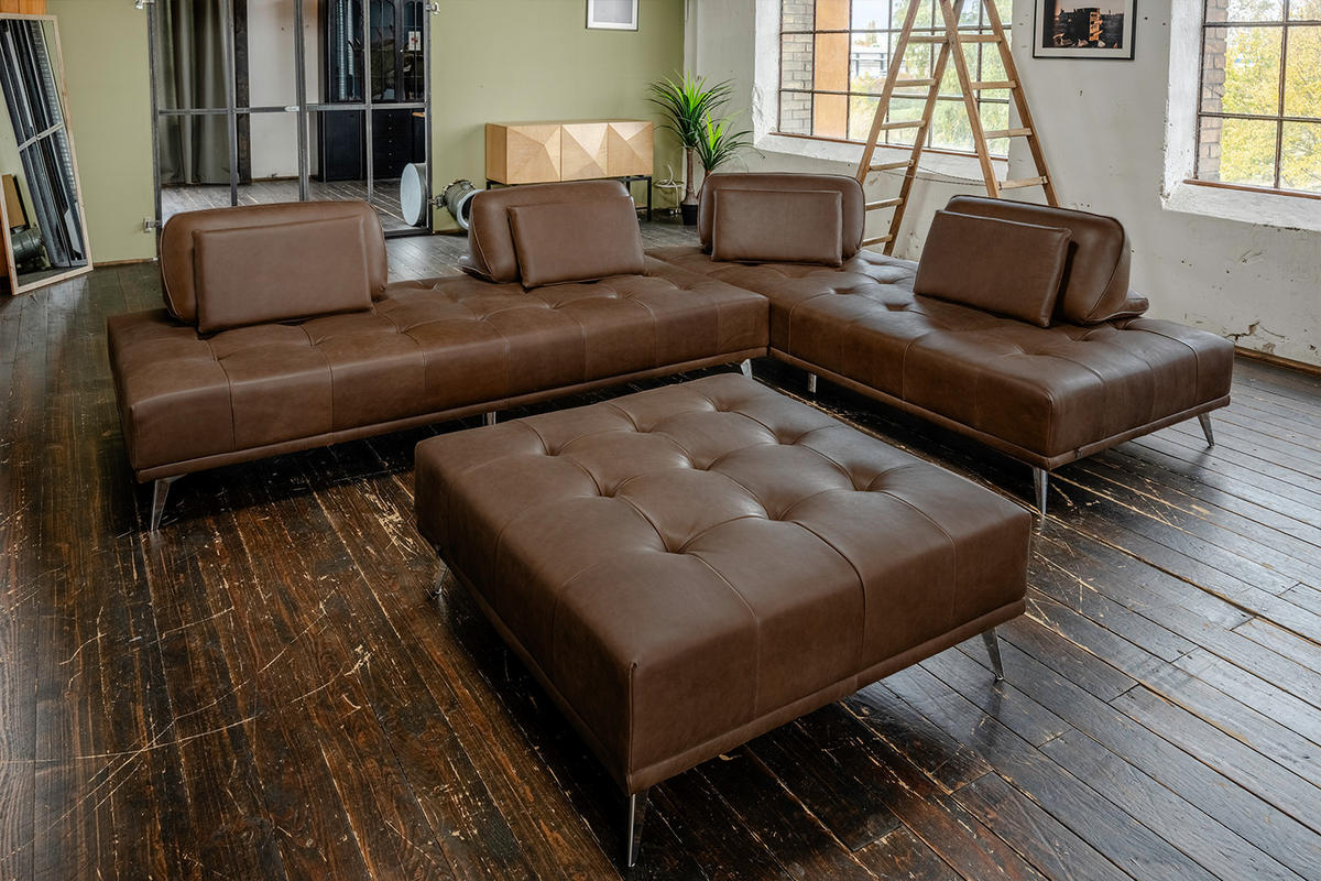 MODULSOFA MIT HOCKER WIOLO 3ER SET Dunkelbraun Leder - Dunkelbraun/Silberfarben, Leder/Metall (350/83/350cm) - KAWOLA