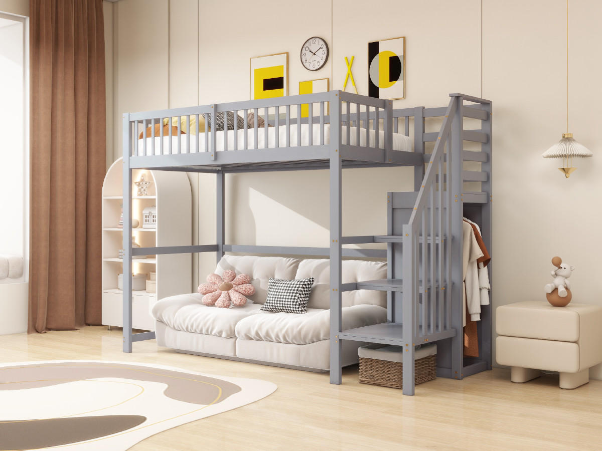HOCHBETT 90x200 mit Treppe, Aufbewahrungsregal und einfachem Kleiderschrank, grau - Grau, Holz (90/200cm) - KOMHTOM