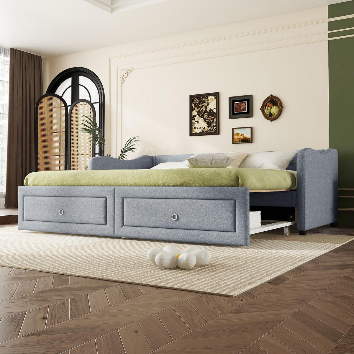 TAGESBETT 90/200 cm Grau aus Leinen mit ausziehbarem Bett und Schubladen - Grau, Textil (90/200cm) - OKWISH