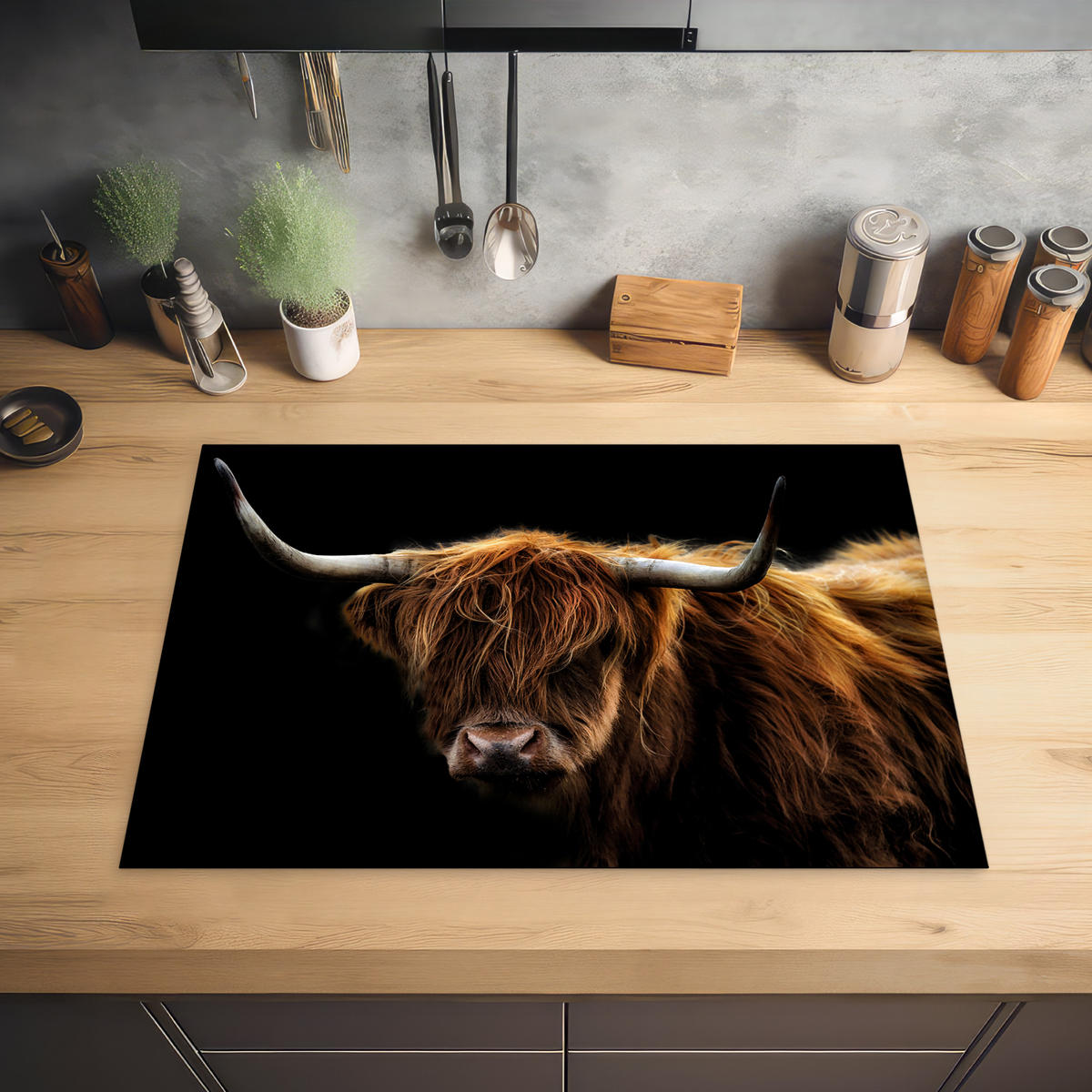 HERABDECKPLATTE - Schottischer Highlander - Hörner - Schwarz - Tiere - Natur - Wild - Kuh - 75x55 - Cognac, Kunststoff (75/55/0.2cm) - MuchoWow