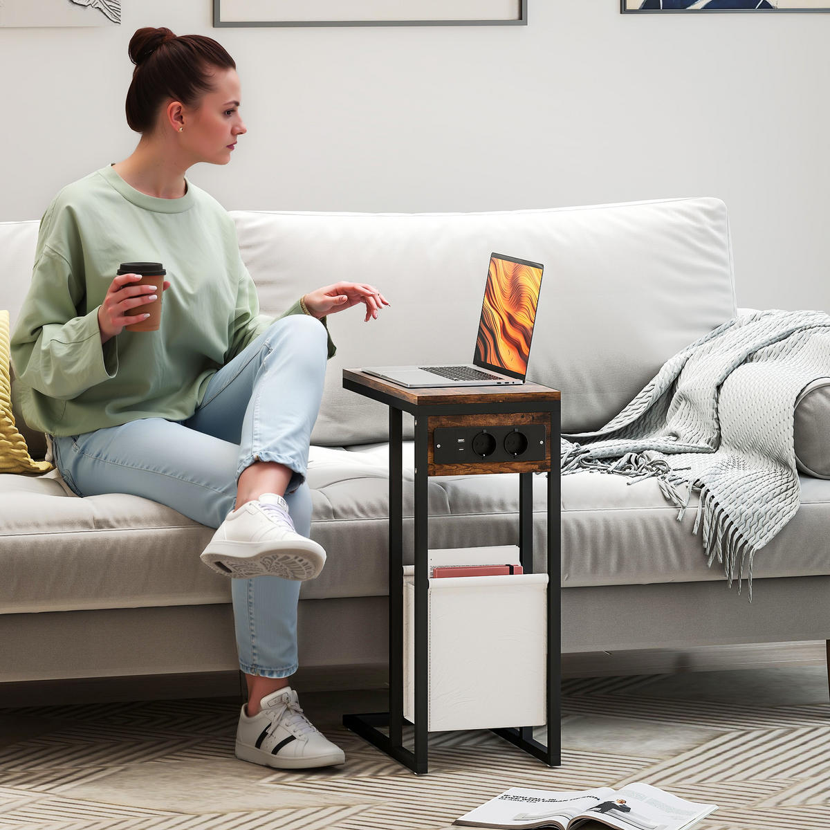 BEISTELLTISCH Couchtisch in C-Form 46 x 25 x 62,5 cm Rustikal-Braun - Braun, Metall (46/25/62.5cm) - HOMCOM