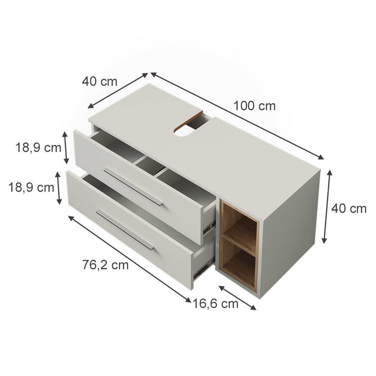 WASCHBECKENUNTERSCHRANK Beatrice, Weiß/Sonoma, 100 x 40 cm mit 2 Schubladen - Weiß/Sonoma Eiche, Holzwerkstoff (100/40/40cm) - Vicco