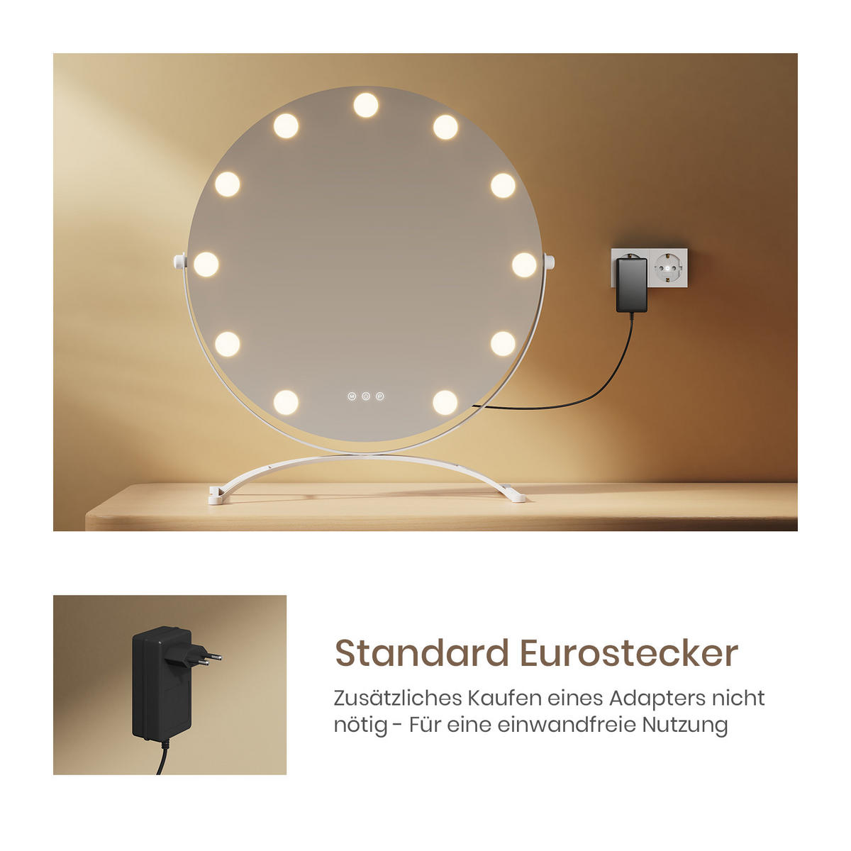 SCHMINKSPIEGEL Runder mit Beleuchtung, Weiß, ф50 cm - Weiß, Glas (50/6/50cm) - EMKE