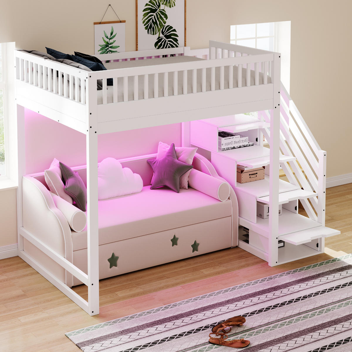 HOCHBETT 140/200 cm in Weiß mit Stauraumtreppe und LED - Weiß, Holz/Holzwerkstoff (140/200cm) - STILVORA