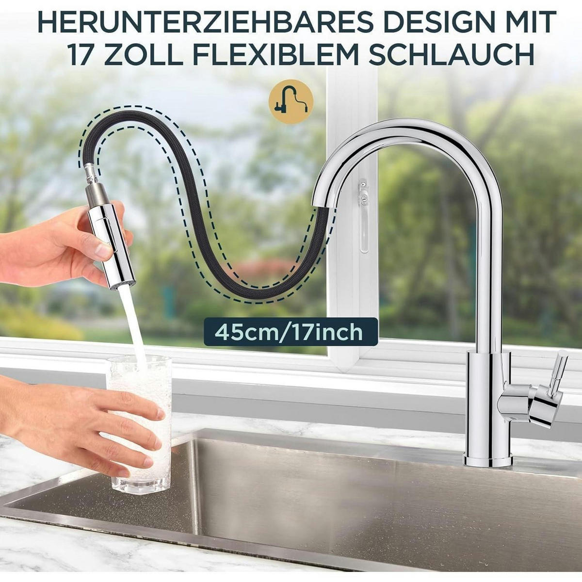 KÜCHENARMATUR mit hohem Bogen und ausziehbarer Brause, 360° schwenkbar, silber - Silberfarben, Metall (5/42.5/25cm)