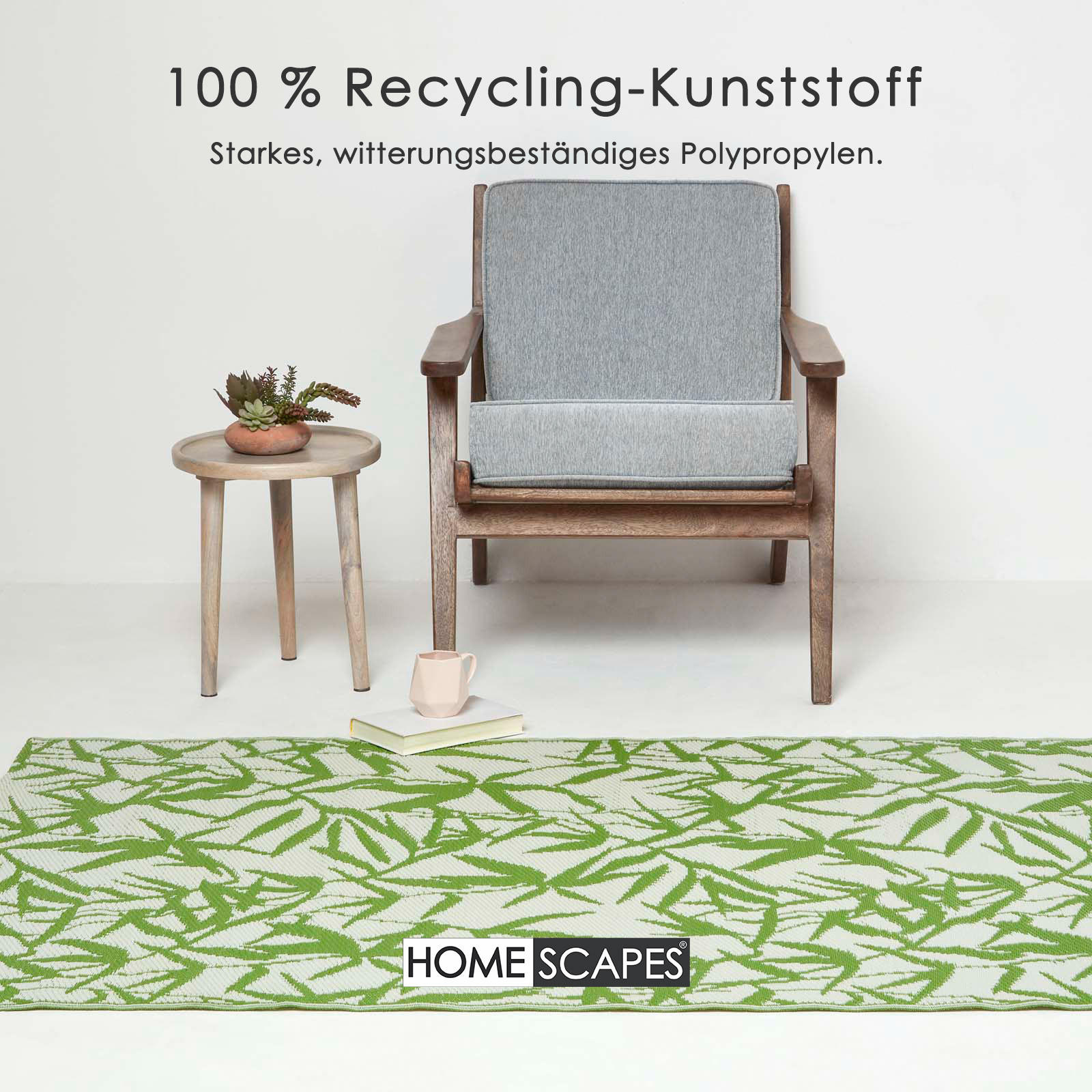 Thumbnail - Homescapes Outdoorteppich, Grün, Kunststoff, Baum/Pflanze/Natur, Rechteckig, 150x240 cm, Global Recycled Standard (Grs),...