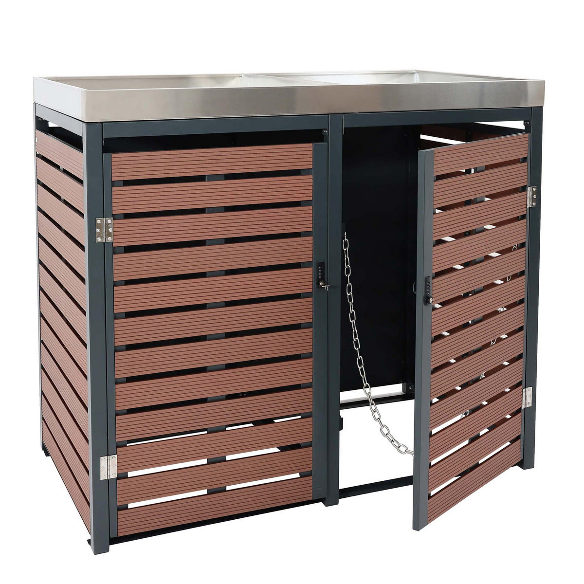 MÜLLTONNENBOX 2er mit Pflanzkasten HxBxT 124x134x84cm Walnuss-Holzoptik - Braun, Metall (134/124/84cm) - PROREGAL