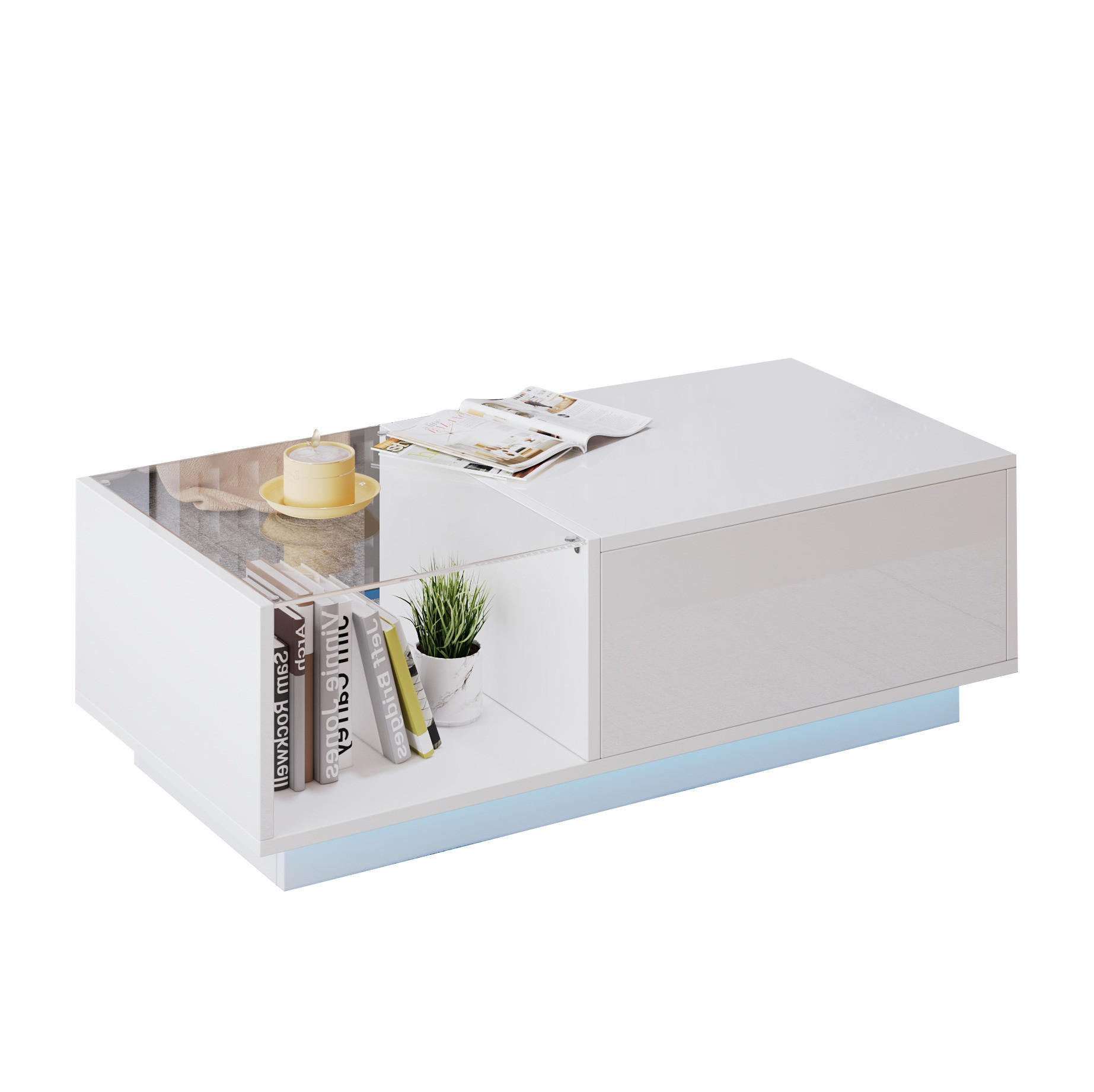 COUCHTISCH höhenverstellbar 100 x 50 cm Hochglanz White mit Stauraum - Weiß, Holzwerkstoff (100/50/33cm) - Meubliv