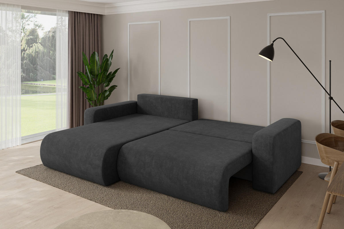 ROHOVÁ SEDAČKA s funkcí spaní, otoman vlevo BERY-L 276x193x88 tmavě šedá velur - černá/antracitová, kompozitní dřevo/textil (276/193cm) - ALTDECOR