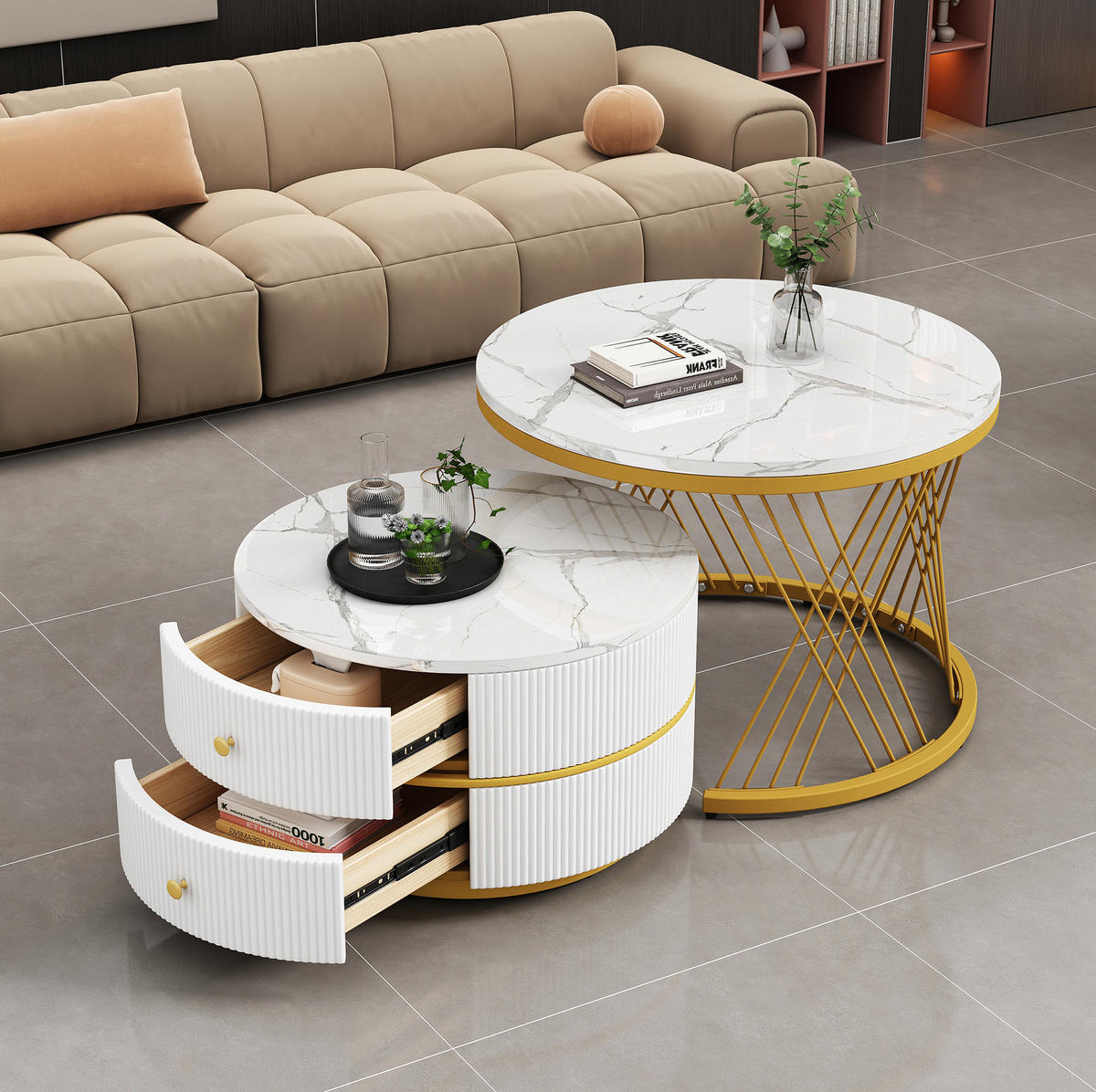 COUCHTISCH-SET 60/60/46 & 50/50/30,8 cm in Weiß mit Marmoroptik und 2 Schubladen - Weiß, Holzwerkstoff (60/60/46cm) - Flora Grace