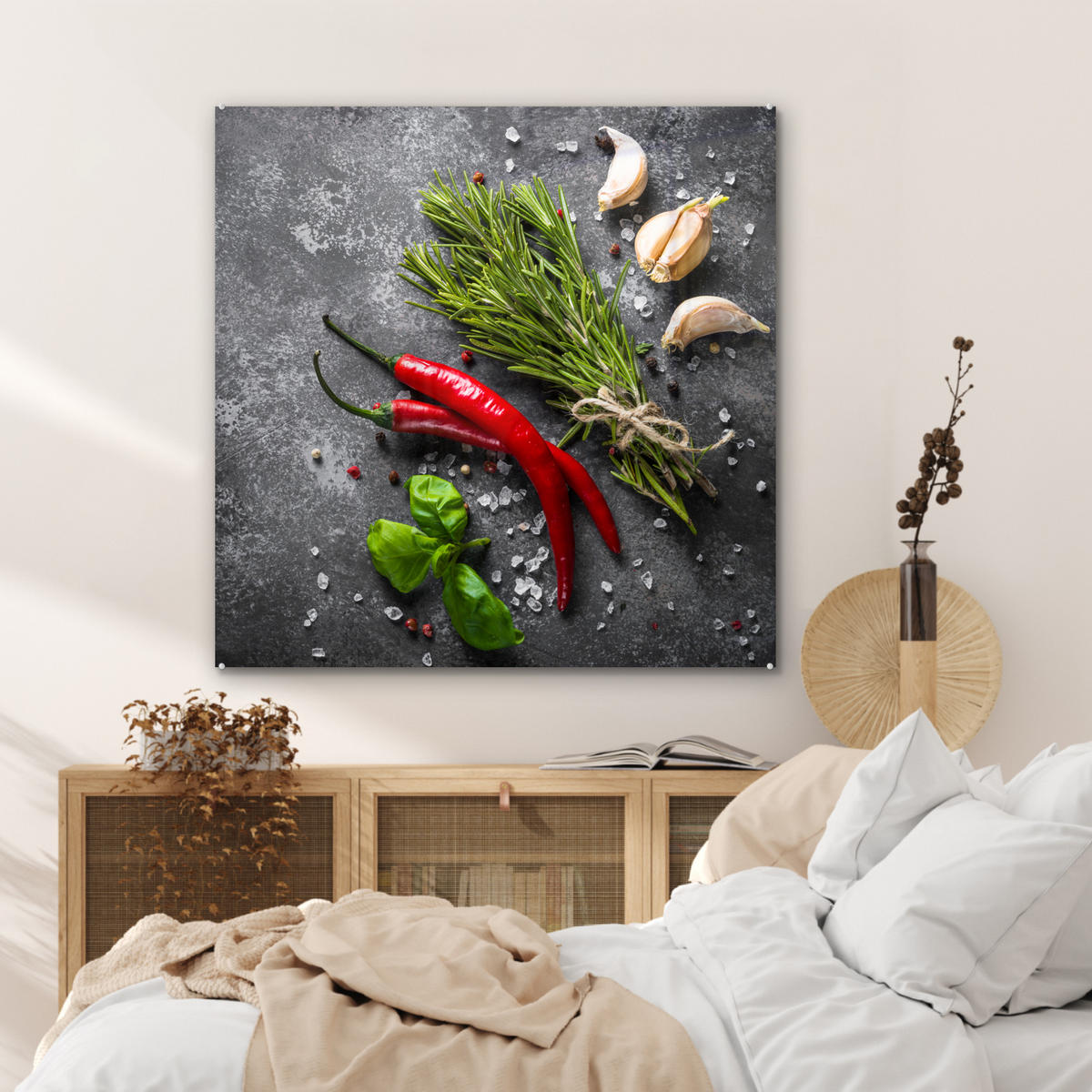 OBRAZ NA AKRYLOVOM SKLE Korenie - bylinky - korenie - betón 90x90 cm - tmavosivá, sklo (90/90cm) - MuchoWow
