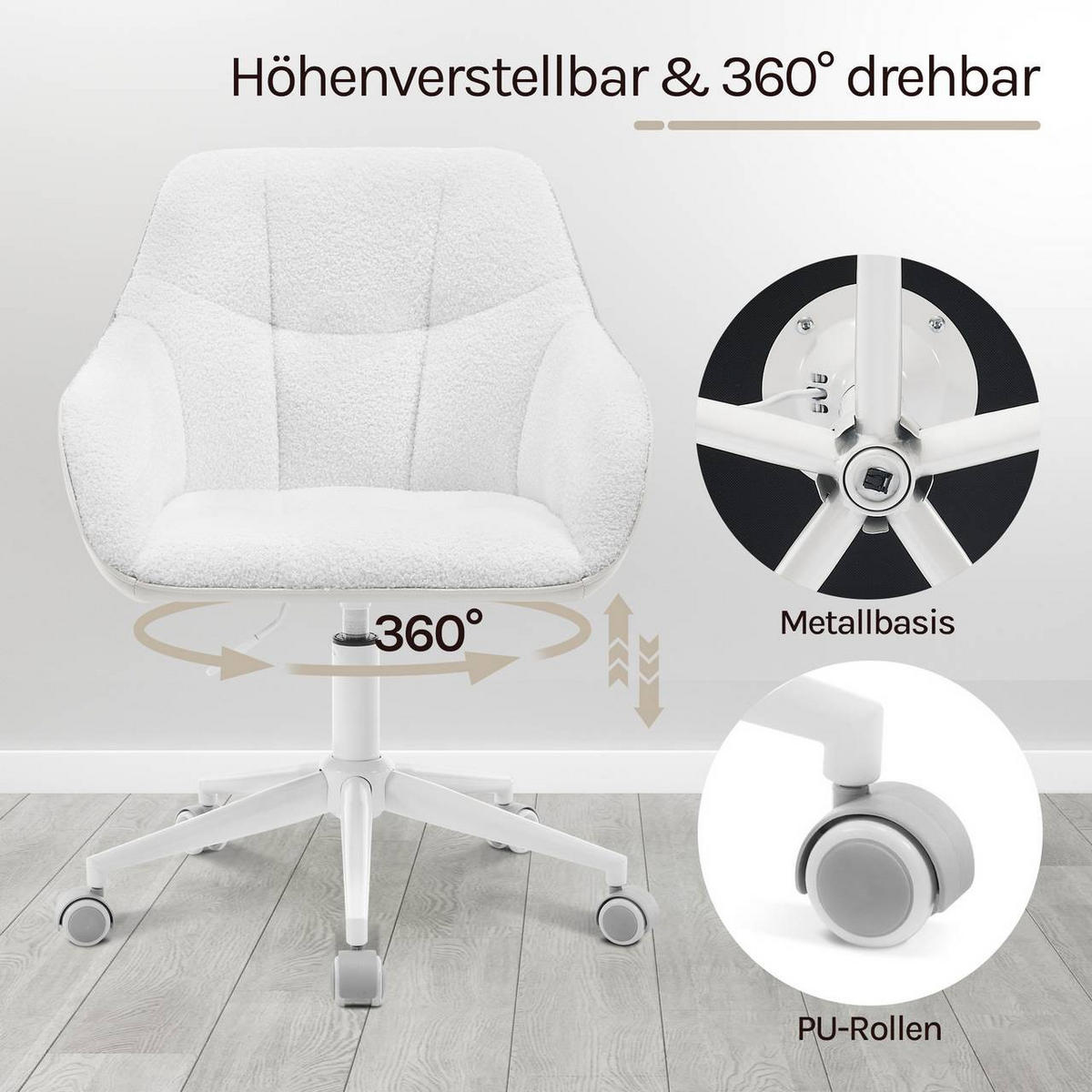 DREHSTUHL höhenverstellbar, Bouclé-Sitz, Creme+Beige - Beige/Creme, Kunststoff/Textil (61/81/56cm) - Woltu