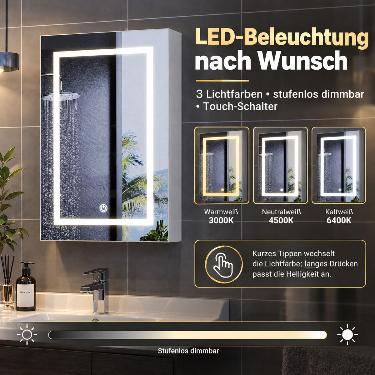 SPIEGELSCHRANK LED 50/70/12.5 cm Weiß, 1-türig, dimmbar, Touch-Schalter, 3 Lichtfarben, Badschrank mit Glasböden - Weiß, Glas (50/70/12.5cm) - Joyfair