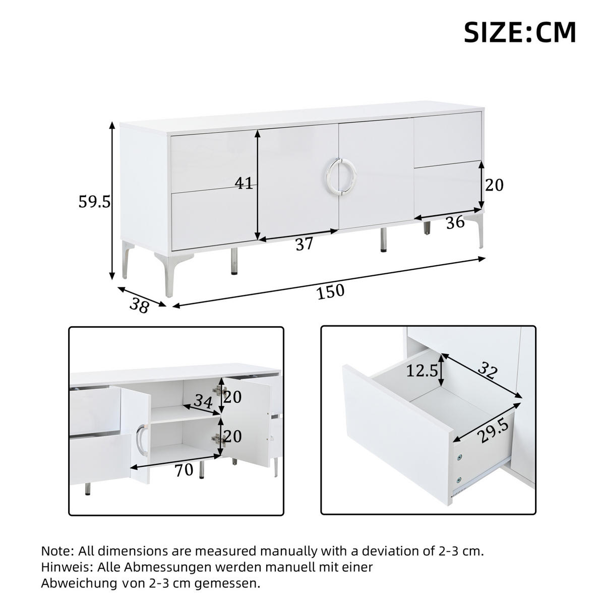 SIDEBOARD, 150/38/59,5 cm, MDF bílá s vysokým leskem, 4 zásuvky a 2 dvířka - bílá, kompozitní dřevo (150/59.5/38cm) - BEAOK