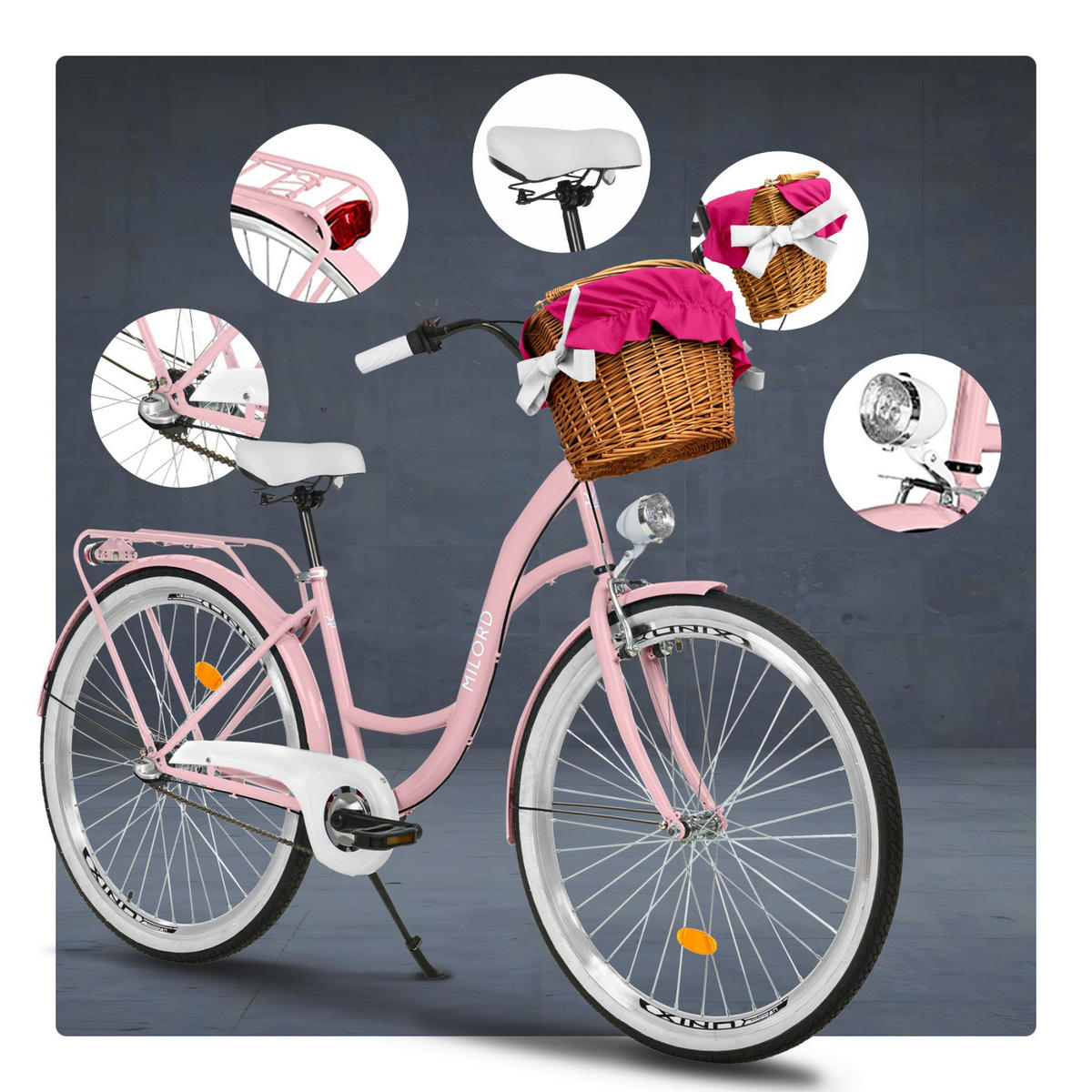 CITY-FAHRRAD Milord mit Weidenkorb, 28 Zoll, Rosa, 3-Gang - Pink, Metall (46cm) - Milordbikes
