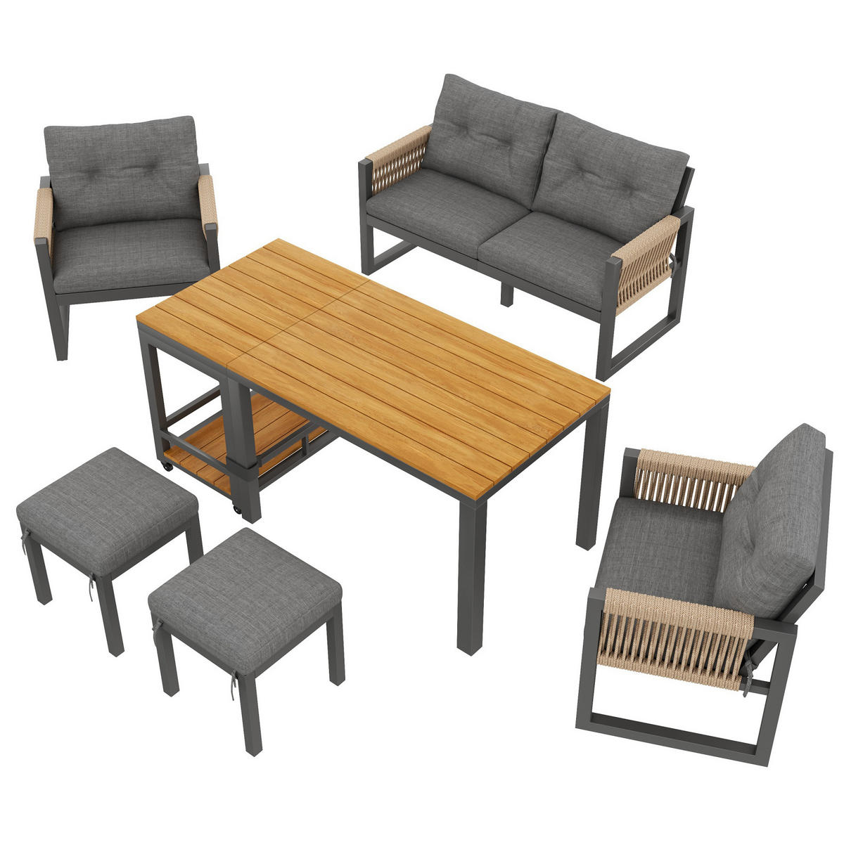 GARTENMÖBEL-SET 6-tlg. mit abnehmbarem Tisch Grau/Natur - Grau, Holz - Beauniv