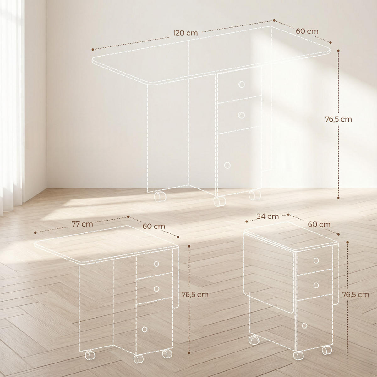 KLAPPTISCH 60-120/60/76,5 cm mit Rollen und Schubladen DE-39943 Grau - Grau, Holzwerkstoff (60/120/76.5cm) - ComfortXL