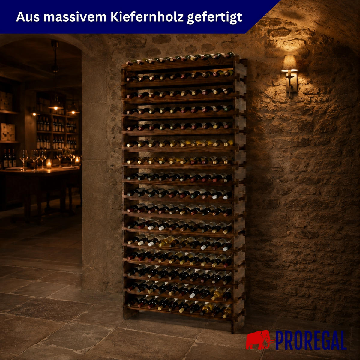 WEINREGAL NAVARRA aus Holz 219x103x28cm 160 Flaschen auf 16 Ebenen Braun geölt - Braun, Holz (103/219/28cm) - PROREGAL