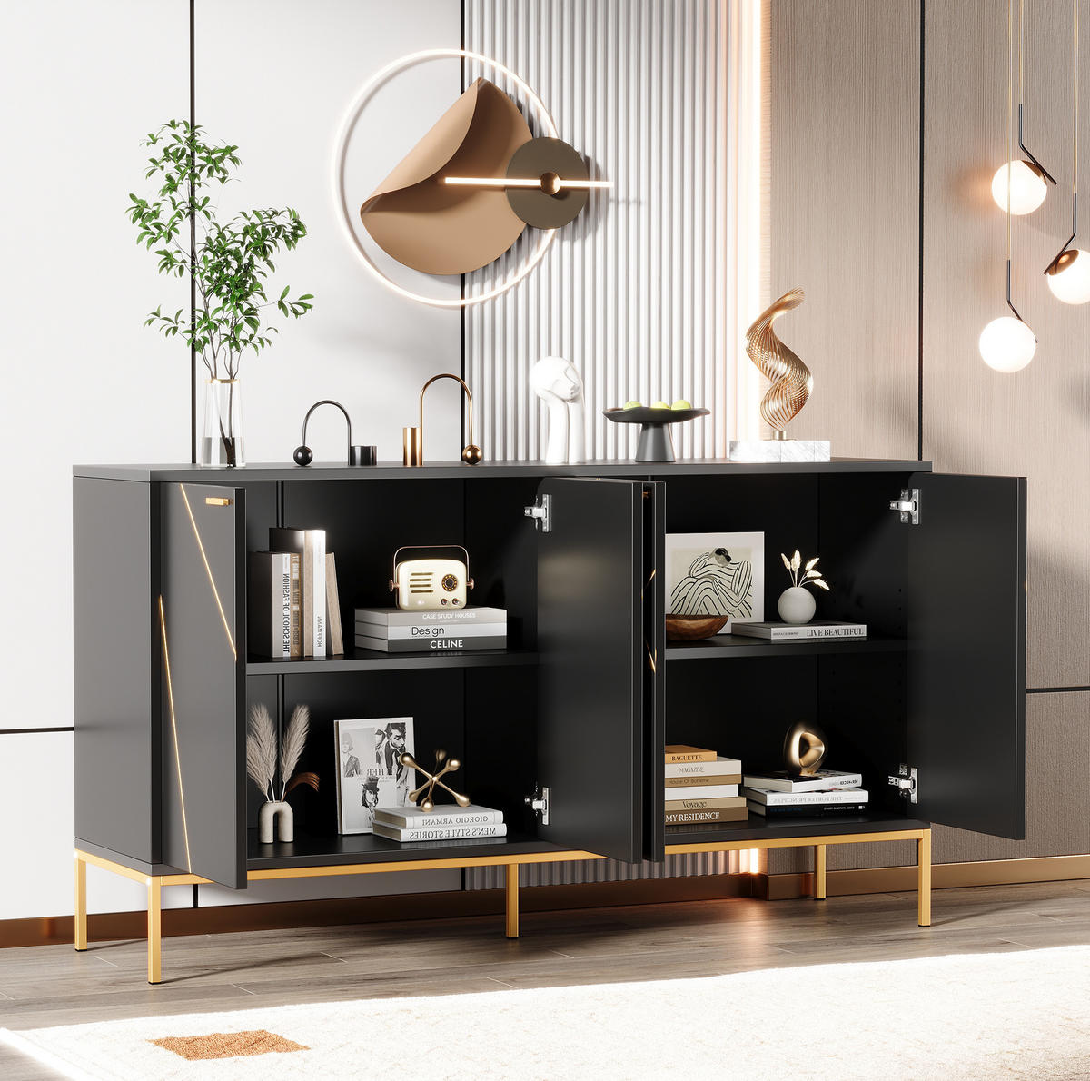 SIDEBOARD aus Spanplatte 40x150x80 cm Schwarz mit goldfarbenen Details, verstellbarem Einlegeboden und Metallfüßen - Schwarz, Holzwerkstoff (150/80/40cm) - Modfu