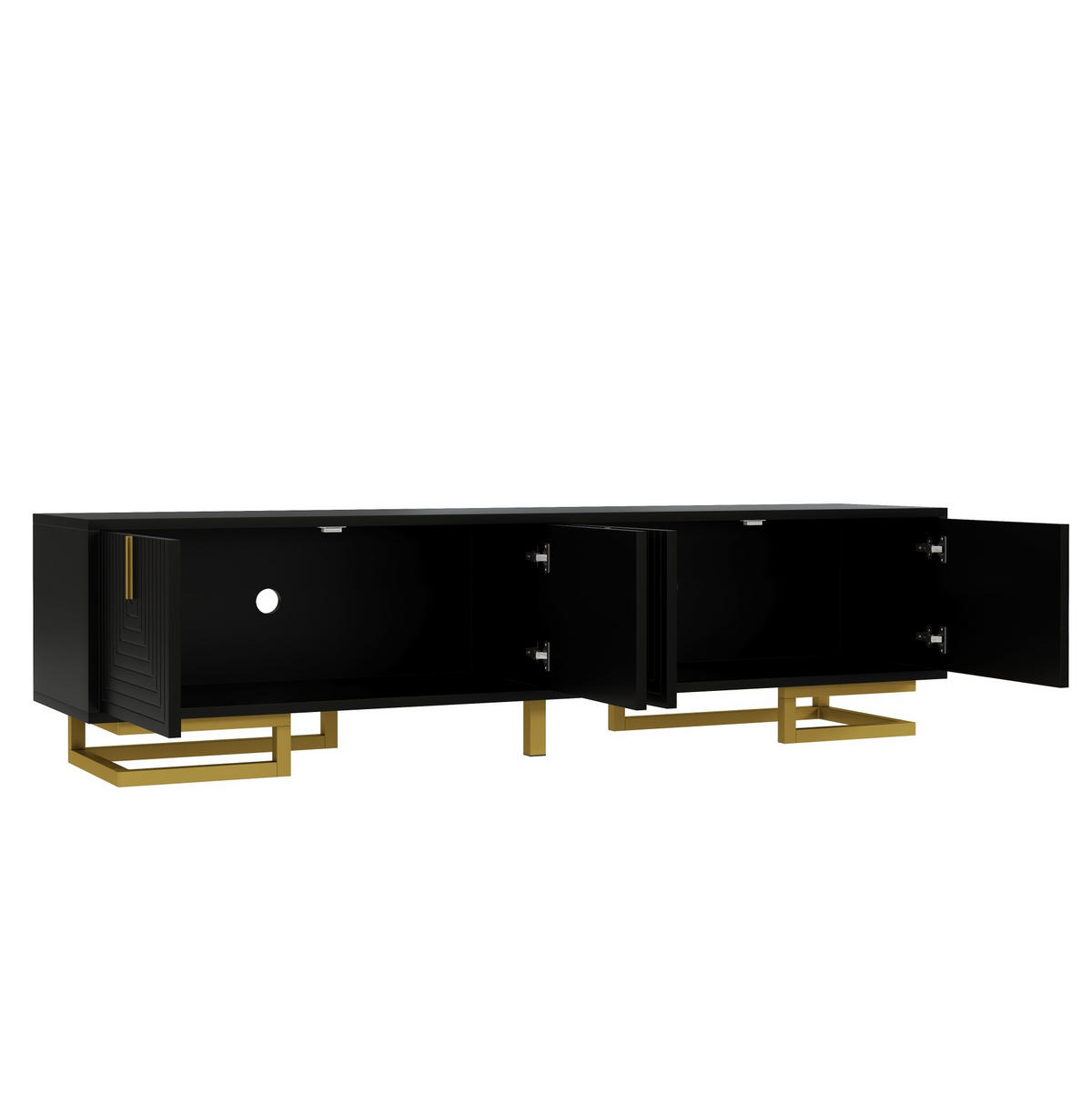 TV-LOWBOARD aus Spanplatte 160x38x44,5 cm Schwarz mit 4 Türen, goldfarbenen Metallbeinen und verstellbaren Füßen - Schwarz, Holzwerkstoff (160/44.5/38cm) - Modfu
