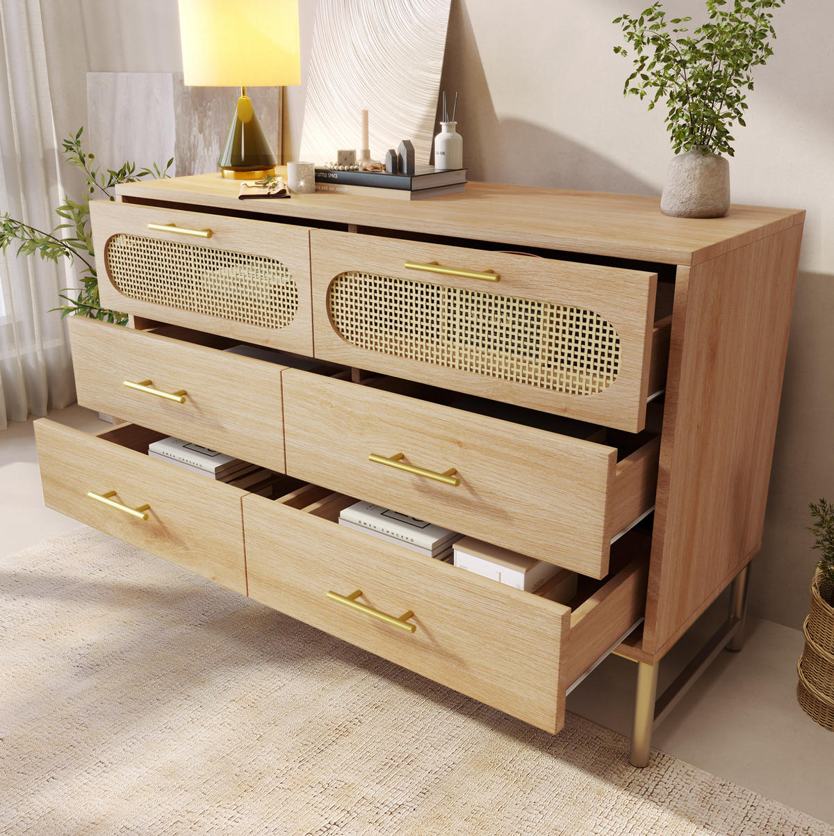 KOMMODE aus Spanplatte und Metall 40x120x74 cm Sonoma Eiche mit 6 Schubladen, Rattanoptik und Kippsicherung - Eichefarben, Metall (120/74/40cm) - Modfu