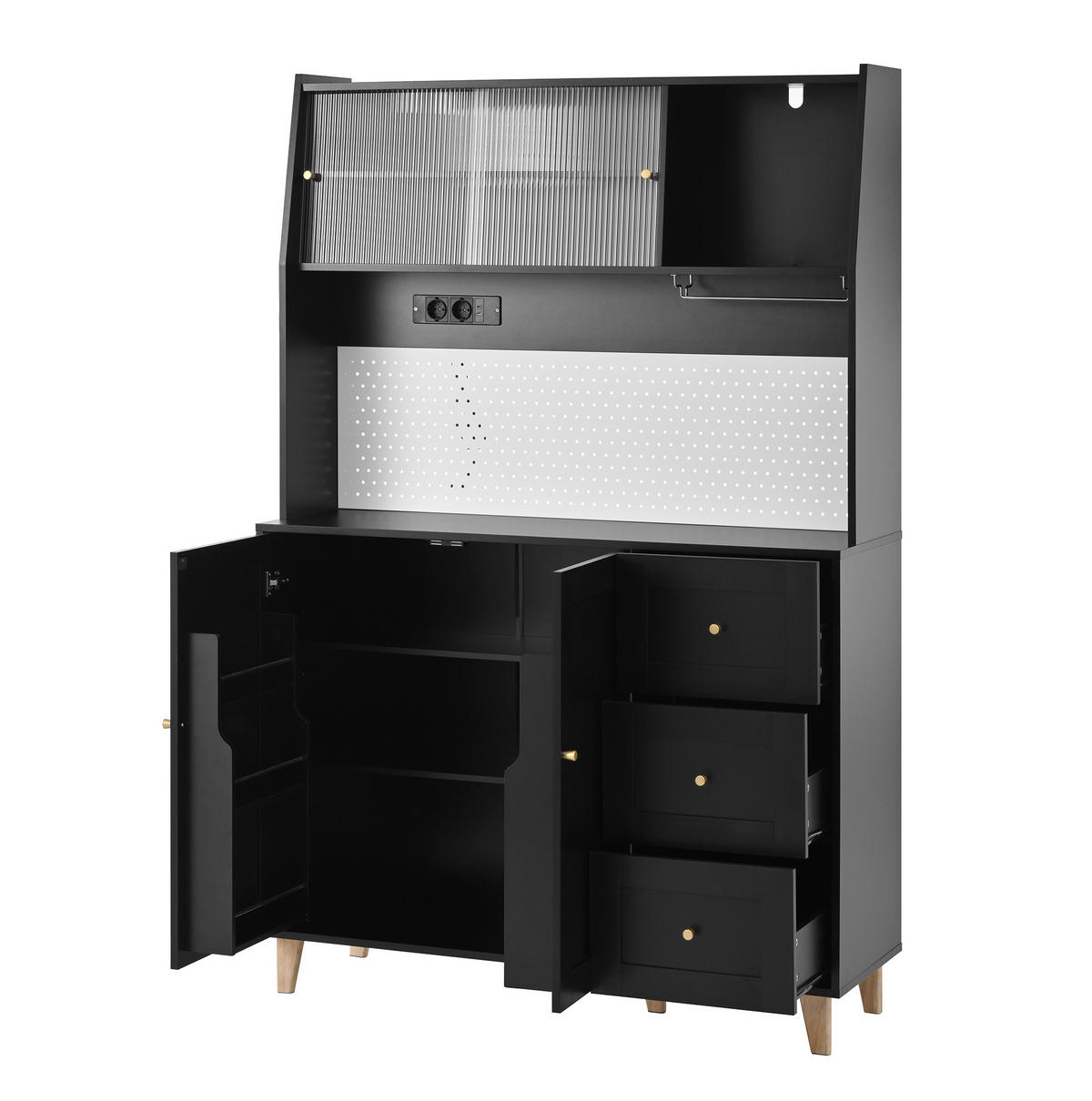KÜCHENOBERSCHRANK 120/40/184 cm mit Steckdosen, USB, Typ-C, Lochplatte und Glashalter, Schwarz - Schwarz, Holzwerkstoff (120/184/40cm) - Redom