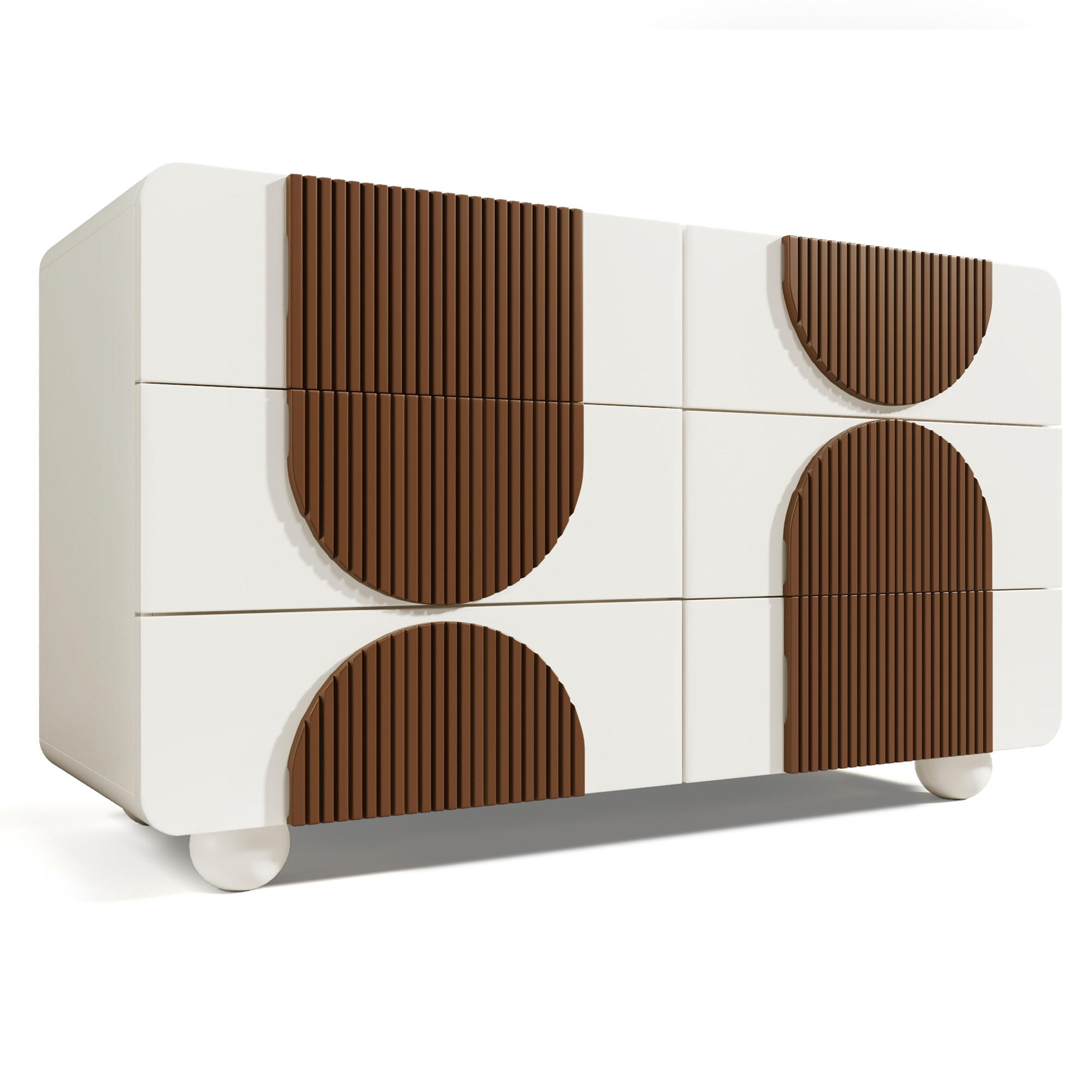 BUFET cu lamele din lemn alb si 6 sertare Design curbat 121×71 cm