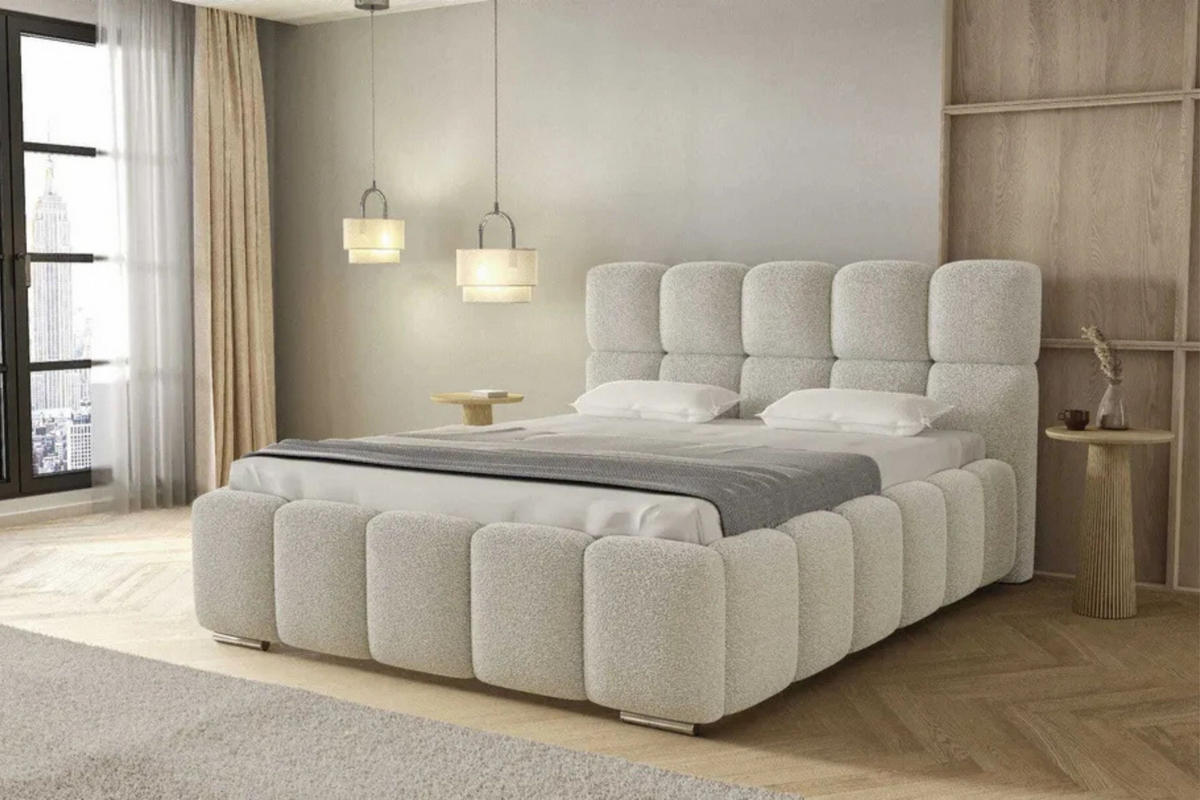 POLSTERBETT LUNA mit Kopfteil, 200 x 200 cm, Doppelbett mit Bettkasten und Lattenrost aus Metall, Boucle Stoff: Beige - Beige, Holz/Textil (200/200cm) - Agmat-Furniture