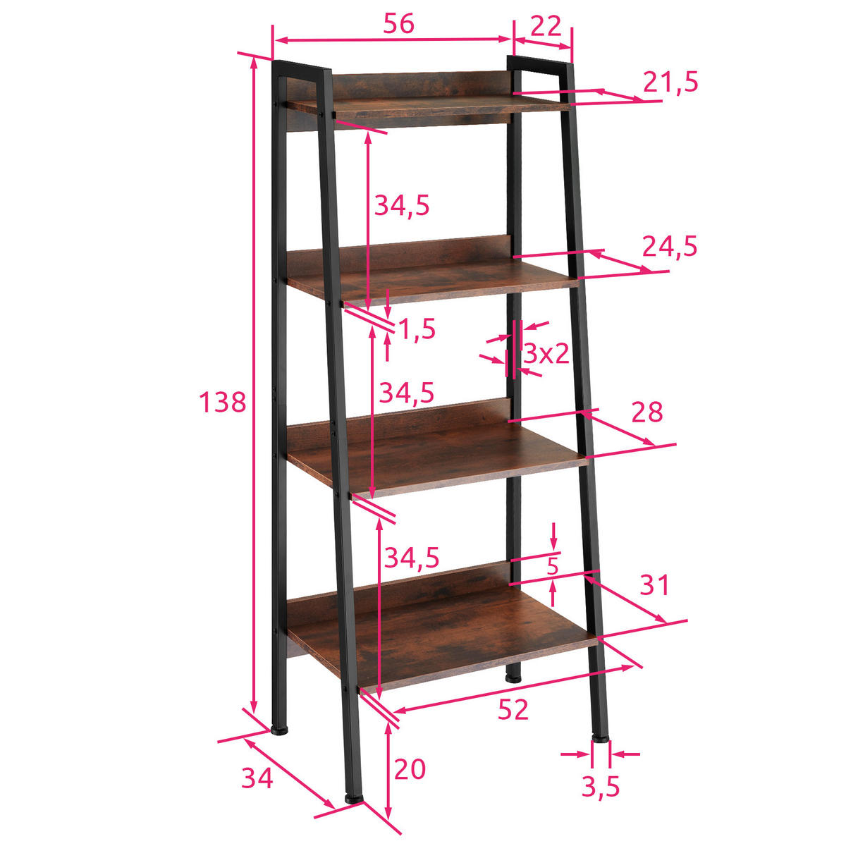 LEITERREGAL Chatham,inklusive Kippschutz, 57,5 x 34 x 138 cm,Industrial Holz dunkel, rustikal - Rostfarben, Holzwerkstoff (34/138/57.5cm) - tectake